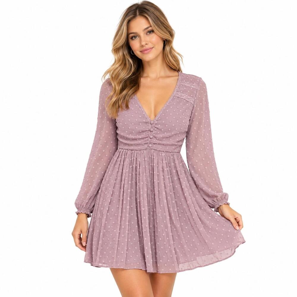 Lulus Dress Womens XS Pink Polka Dot Long Sleeve V Neck Fit Flare Short Chiffon